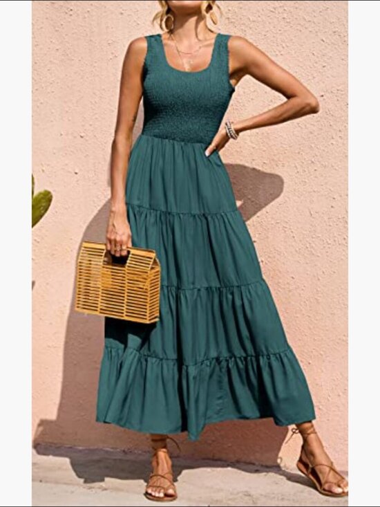 Dresses & Skirts - Womens Boho Smocked Maxi Dress Teal Casual Tiered Sleeveless Beach Flowy